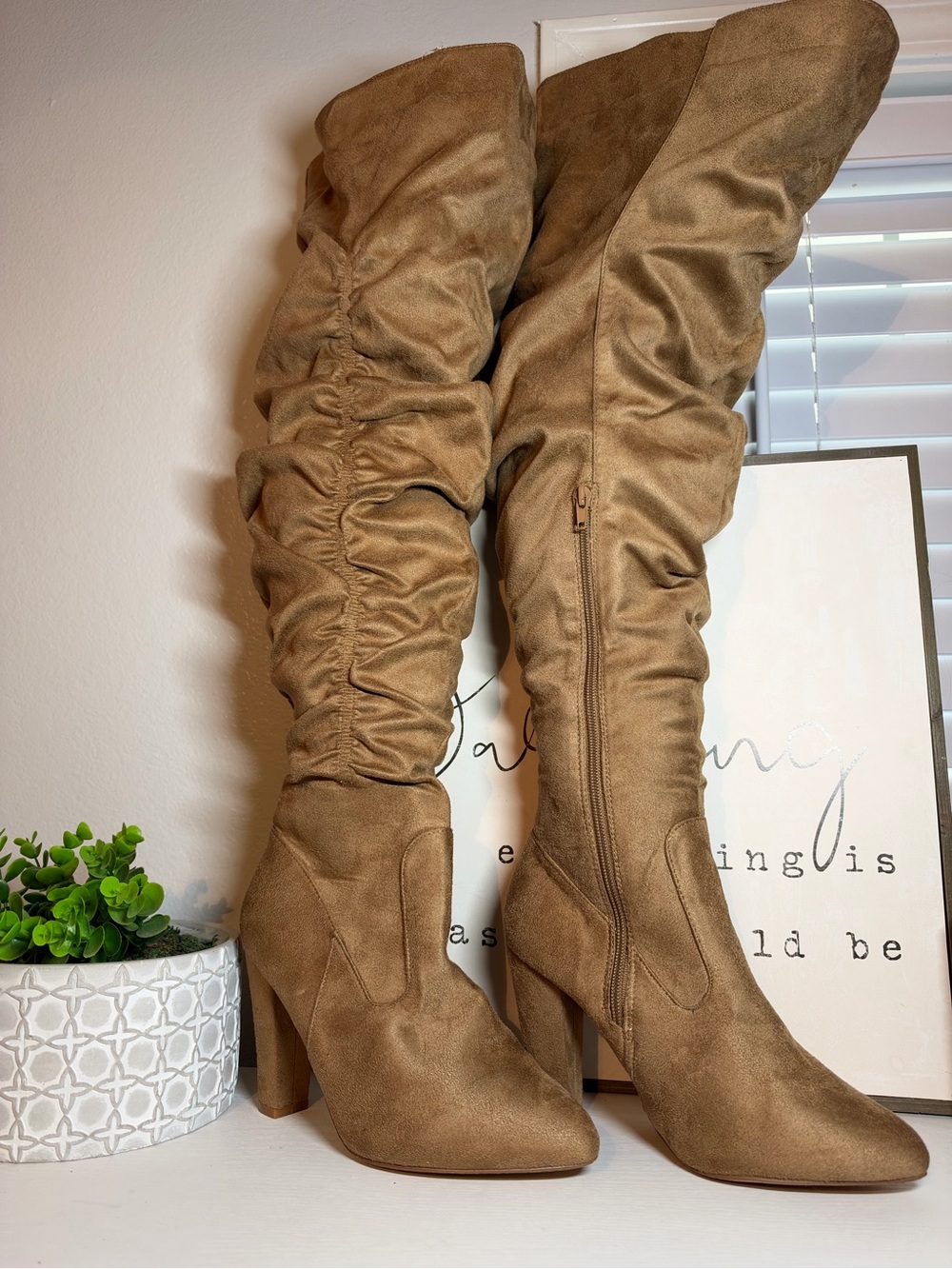 Ashley Stewart Size 8 Tan Over the Knee Slouch Boots Faux Suede Block Heel
